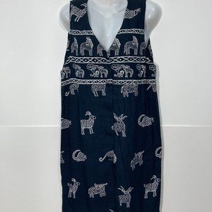 ADINI Vintage Sleeveless Mini Dress Button front Black Animal Abstract Rayon L